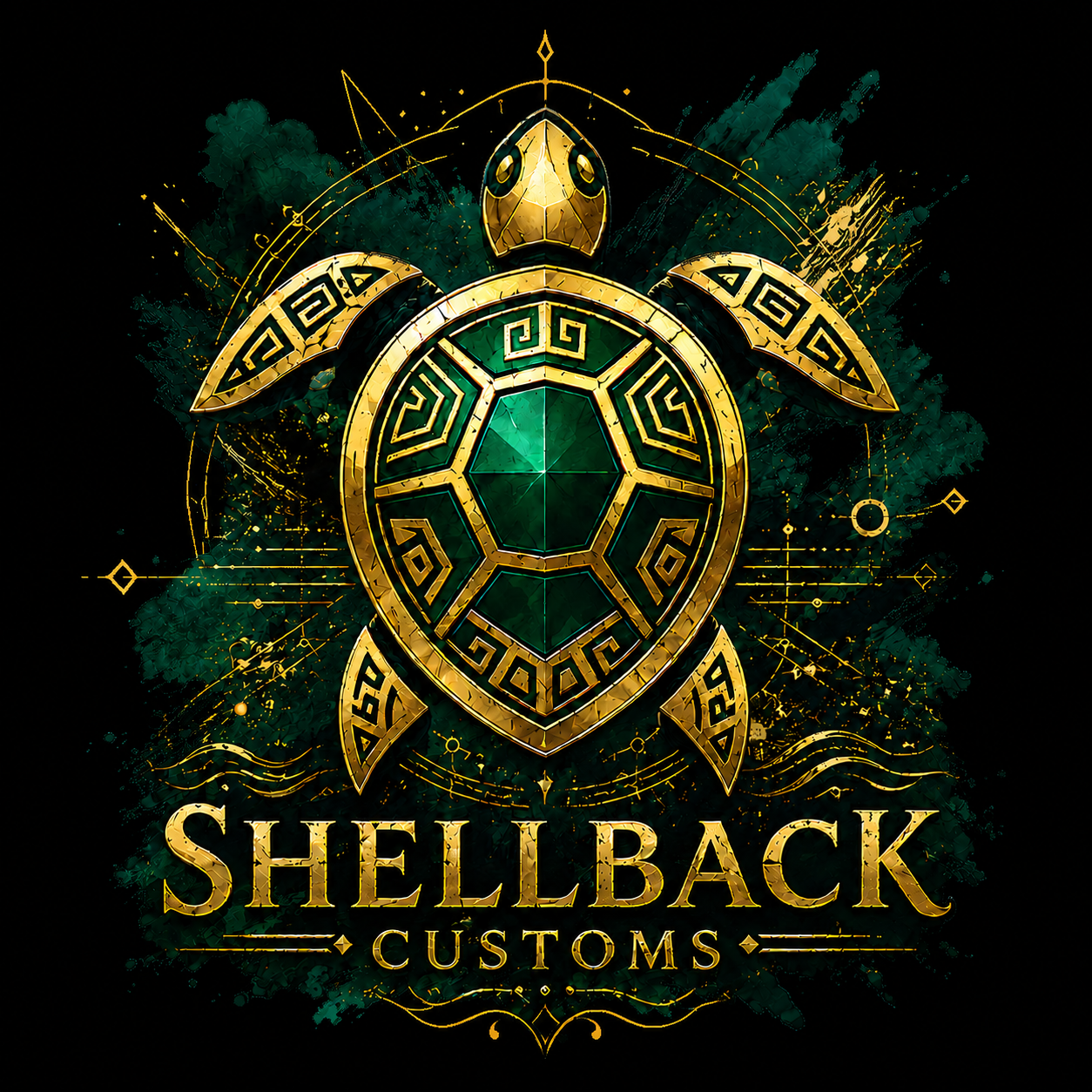 Shellback Customs gold and emerald green sea turtle artwork